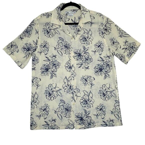 Zara Men’s Floral Button-Up Shirt – Size M – Blue & White Regular Fit – - Picture 1 of 3